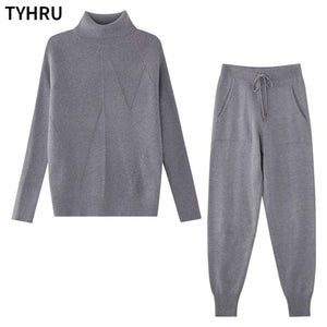 TYHRU Autumn Winter Women tracksuit Solid Color Striped Turtleneck Sweater and Elastic Trousers Suits Knitted Two Piece Set - FlorentClothingStore 