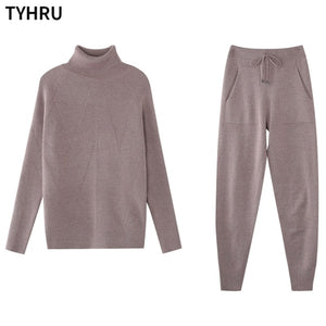 TYHRU Autumn Winter Women tracksuit Solid Color Striped Turtleneck Sweater and Elastic Trousers Suits Knitted Two Piece Set - FlorentClothingStore 