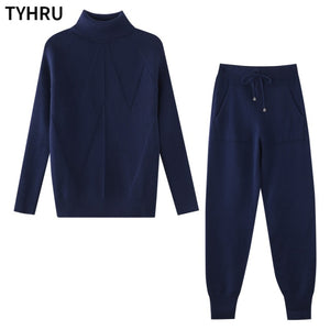 TYHRU Autumn Winter Women tracksuit Solid Color Striped Turtleneck Sweater and Elastic Trousers Suits Knitted Two Piece Set - FlorentClothingStore 