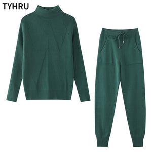 TYHRU Autumn Winter Women tracksuit Solid Color Striped Turtleneck Sweater and Elastic Trousers Suits Knitted Two Piece Set - FlorentClothingStore 