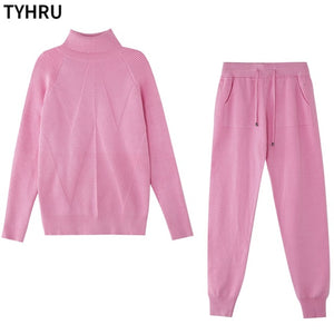 TYHRU Autumn Winter Women tracksuit Solid Color Striped Turtleneck Sweater and Elastic Trousers Suits Knitted Two Piece Set - FlorentClothingStore 