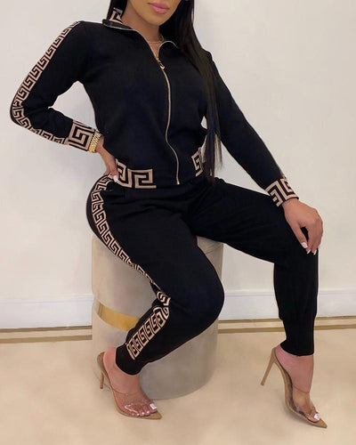 2021 Tracksuits Women Elegant Two-Pieces Suit Sets  Stylish Plus Size Greek Fret Print Coat & Pant Zip Sets - FlorentClothingStore 