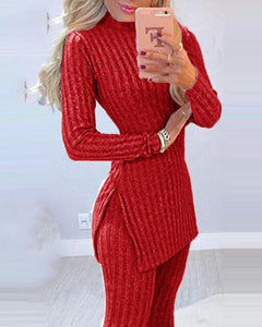 Women 2pcs Sets Long Sleeve Sweater Top and High Waist Knitted Pencil Pants Set - FlorentClothingStore 