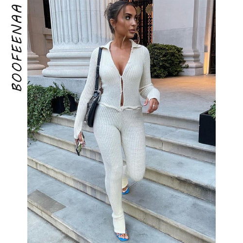 Button Ribbed Knitted Jumpsuit Two Piece Set Fall Winter Clothes Sexy White Long Sleeve Bodycon - FlorentClothingStore 