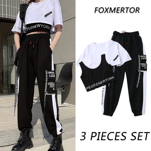 3 Pieces Set Summer Women Cargo Pants Suit Set Streetwear Outfit Harajuku Short Sleeve 2022 Trousers Crop - FlorentClothingStore 