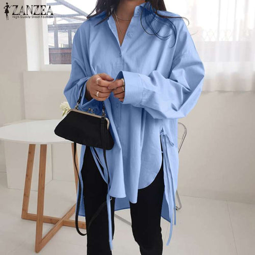 Stylish Solid Shirts Women's Asymmetrical Blouse 2022 ZANZEA Casual Lace Up Blusas   Oversized Tunic - FlorentClothingStore 