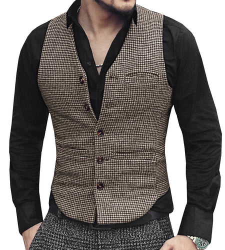 Mens Suit Vest V Neck Wool Brown Single-breasted Houndstooth Waistcoat Casual Formal - FlorentClothingStore 